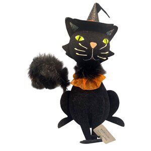 Vtg Pier 1 Imports 10" Flocked Glitter Black Cat Witches Hat Feather Halloween